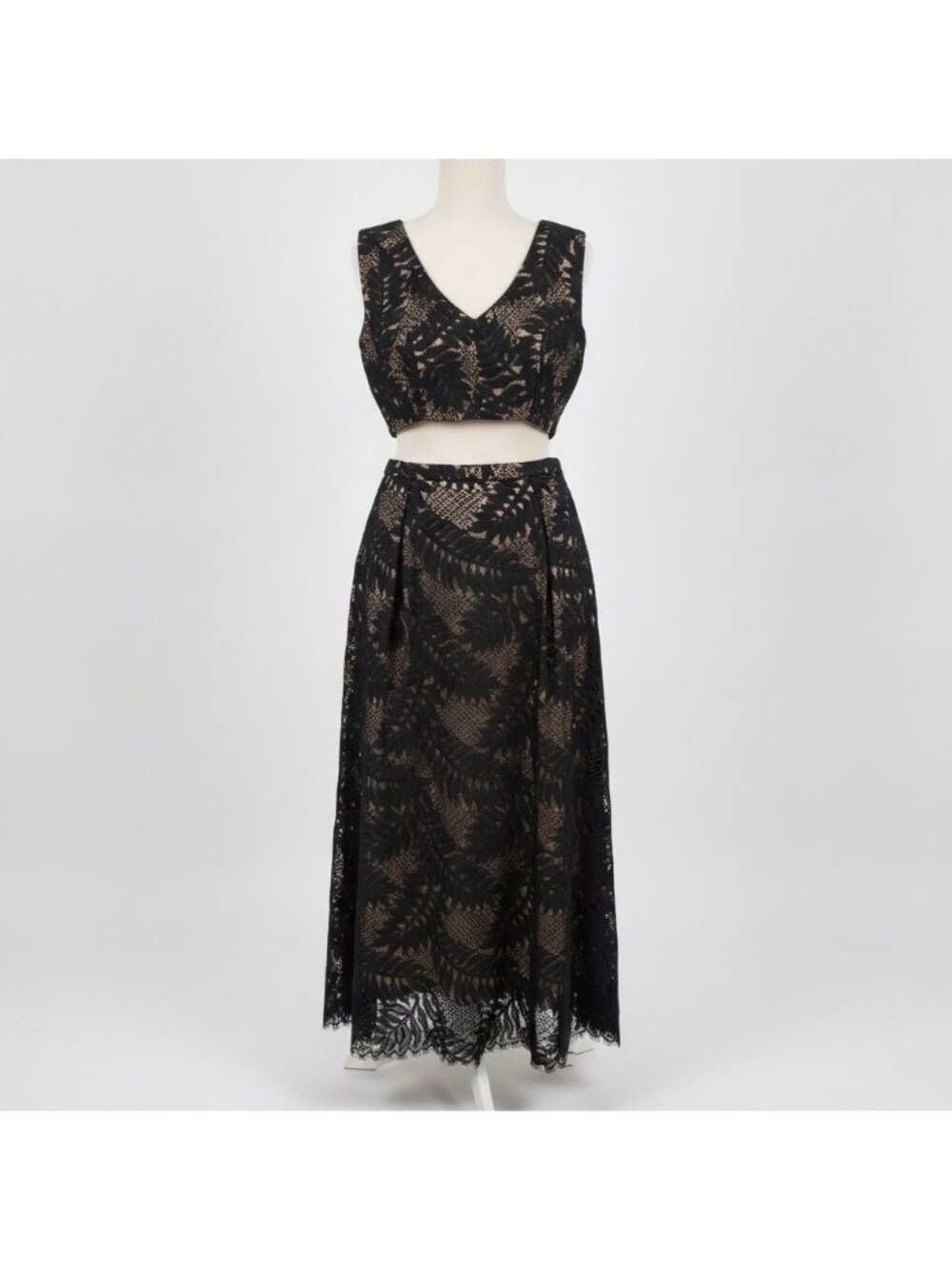 BCBGMaxAzria Womens Beige/Black Lace Crop Top & Maxi Skirt Set  Elegant Size 8